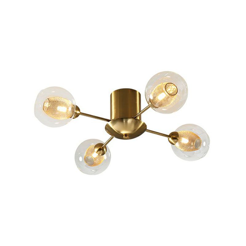 Clear Glass Ball Flush Ceiling Light Postmodern Gold Finish Semi Mount Lighting with Mesh Shade Inside