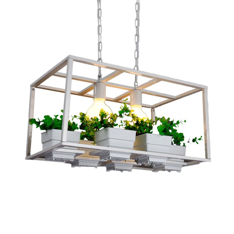 Black/White 2 Heads Island Lamp Antiqued Metal Rectangle Plant Hanging Ceiling Light for Restaurant, 21.5"/25.5" Long