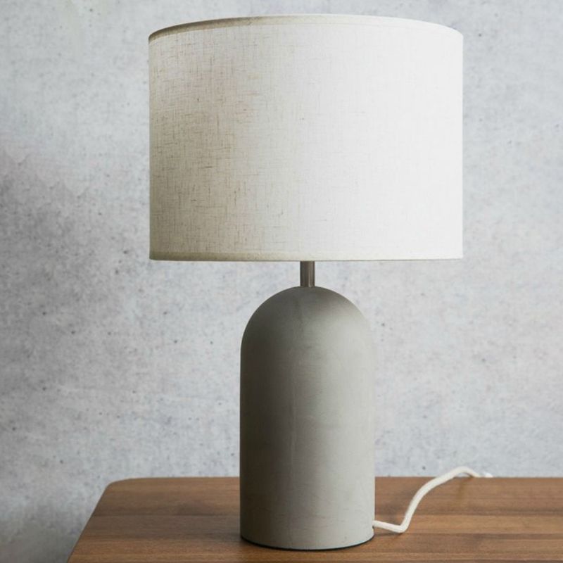 Drum Nightstand Lamp Modern Style Fabric 1��Bulb Bedside Table Light with Cement Base in Grey