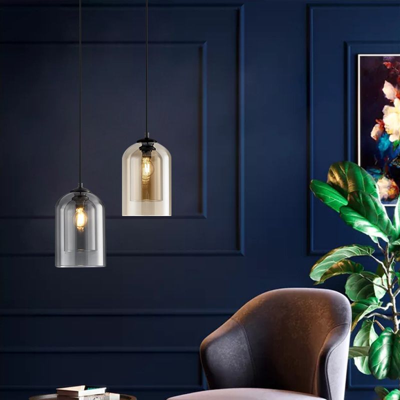 Smeedijzeren enkele hanglamp in modern eenvoud glas cilindrisch hanglicht voor slaapkamer