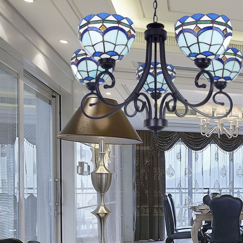 Mediterranean Bowl Pendant Lighting 5 Lights Stained Glass Hanging Ceiling Light in Blue