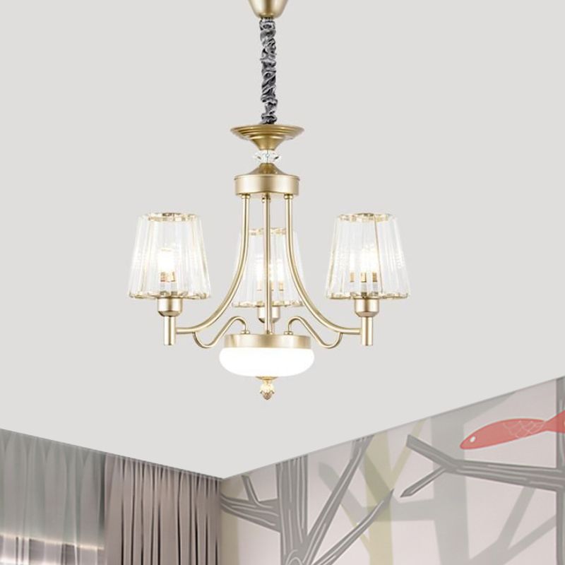 Minimalism Cone Pendant Light 3/6 Bulbs Clear Crystal Block Hanging Chandelier in Gold for Bedroom
