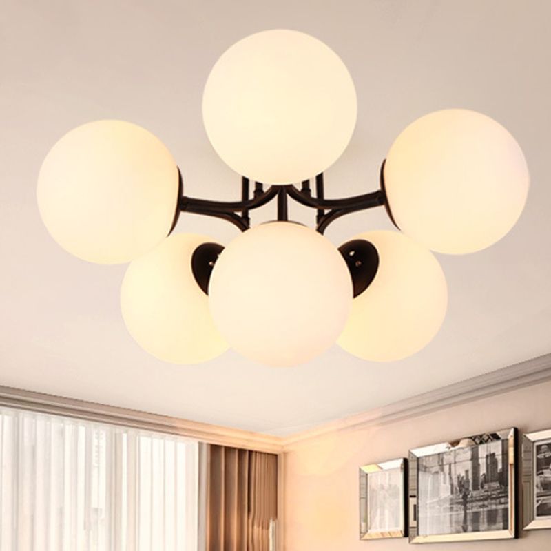 3/6 Lichten Woonkamer Plafond Lamp Traditioneel Zwart Semi Flush met Globe Wit Glas Shade
