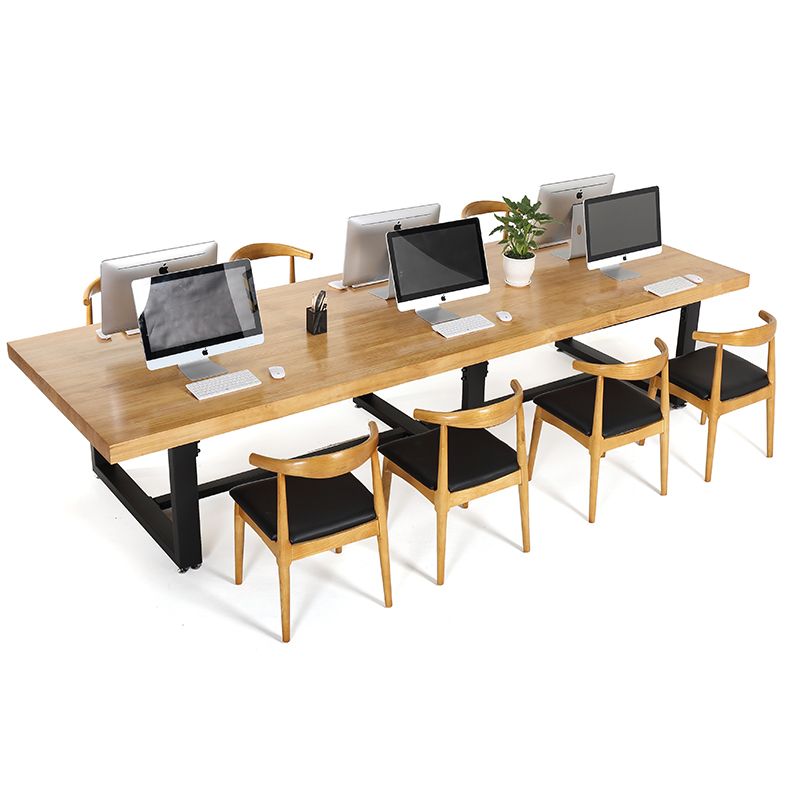 Mesa de comedor rectangular industrial de metal, mesa superior de madera maciza de pino con base de caballete