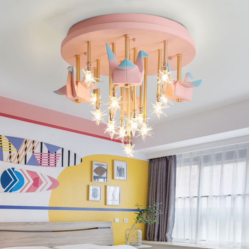 Resin Horse/Bird/Crane Ceiling Light Fixture Kids 13/16 Lights Blue/Pink Flush Mount Lighting with Clear Glass Shade