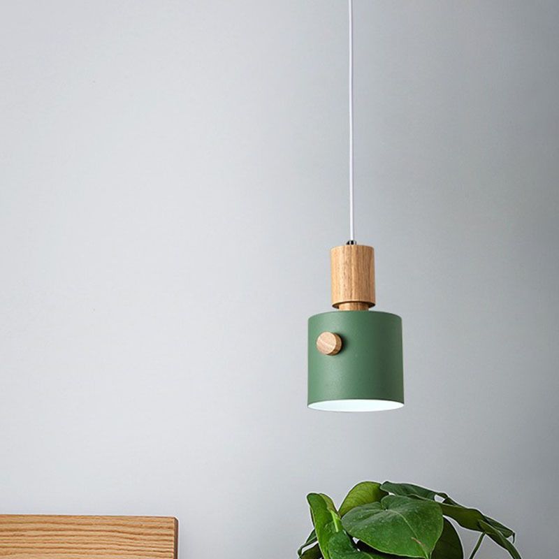 Modern Cylinder Pendant Light Kit Metal 1-Head Dining Room Ceiling Suspension Lamp with Wood Grip