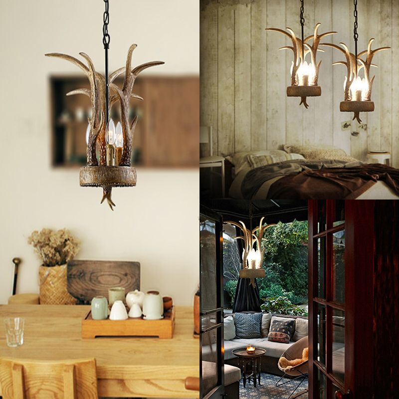Antler Horn Chandelier Light Lodge Style 3 Lights Resin Pendant Lighting in Wood