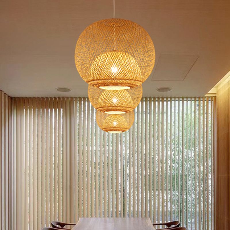 14"/18"/21.5" W 1 Light Dining Room Pendant Lighting Bamboo Modern Beige Hanging Ceiling Light with Globe Bamboo Shade