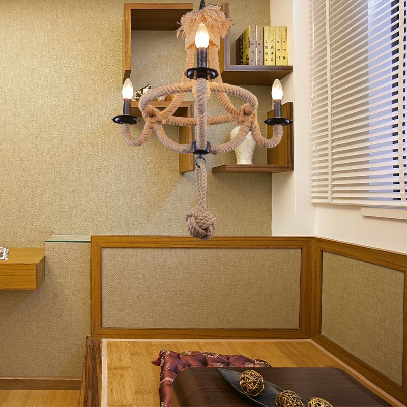 3 Heads Bowl Cage Hanging Light Country Style Brown Rope Hanging Lamp with Open Bulb for Restaurant