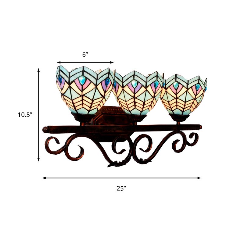 Stained Glass Peacock Wall Light 3 Lights Tiffany Classic Wall Sconce in Pink/Orange/Blue for Bedroom Lighting