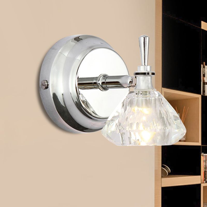 Diamond Bathroom Sconce Light Fixture Contemporary Clear Beveled Crystal 1 Bulb Chrome Wall Lamp