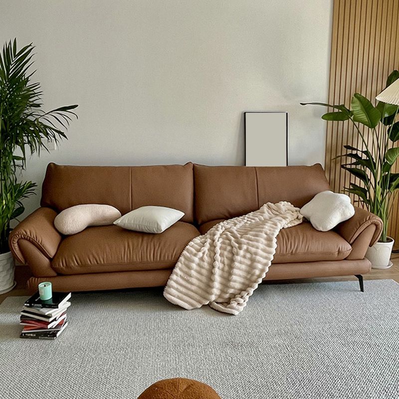 Brown Genuine Leather Sofa Loose Back Flared Arm Sofa with Pillows