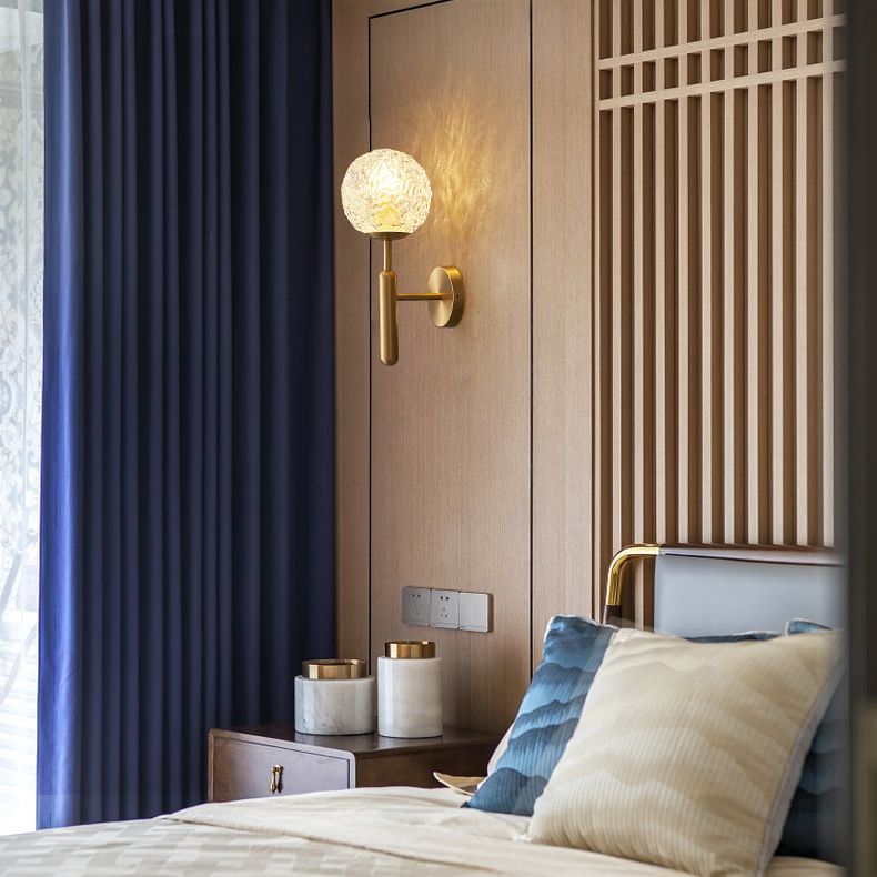 Gold Globe Hanging Wall Sconce in Modern Artistic Style Copper Indoor Wall Lamp with Ripple Crystal Shade