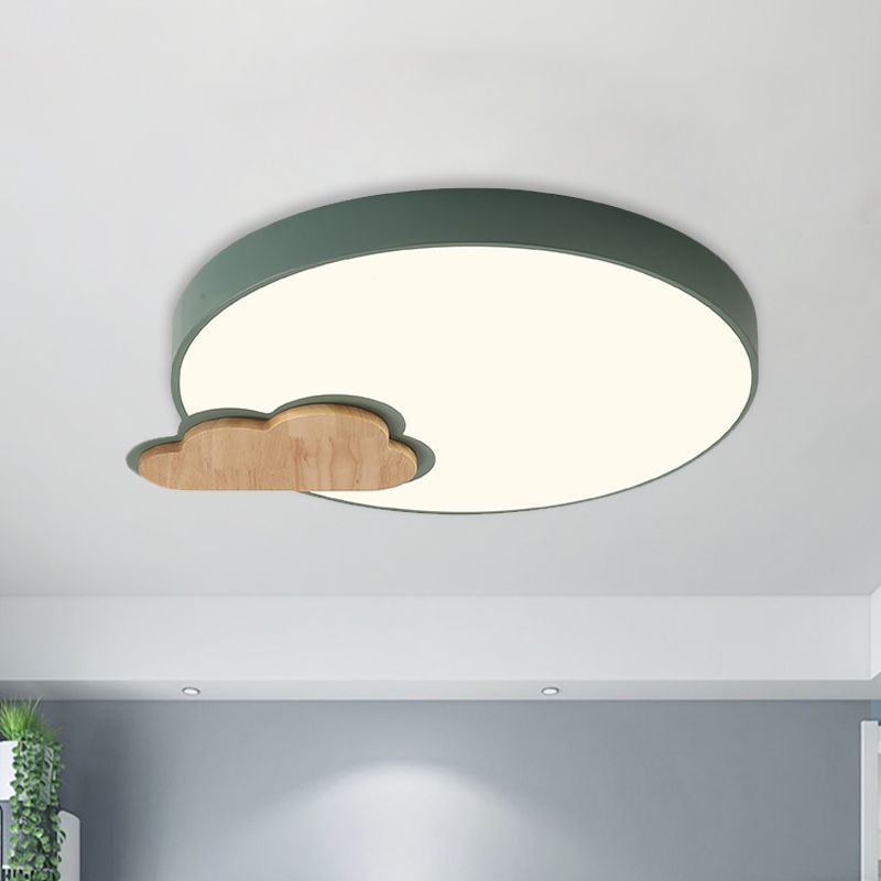 Grey/Green Finish Circle Flush Lamp Macaron LED Acrylic Flush Mount Ceiling Light with Cloud Wood Detail, White/Warm Light