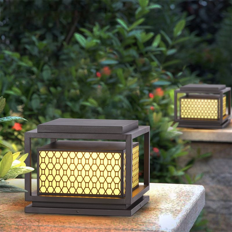 Metal Rectangle Shape Solar Pillar Lamp Modern 1 Light Outdoor Waterproof Light in Brown