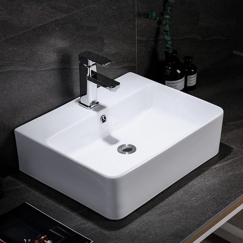 Contemporary Vessel Bathroom Sink Rectangular White Ceramic Overflow Drain Assembly Sink