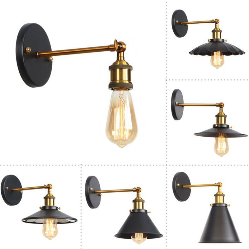 1-Light Wall Mount Light Industrial Metal Horn/Saucer/Open Bulb Design Rotatable Wall Lamp in Black with Brass Linear Arm