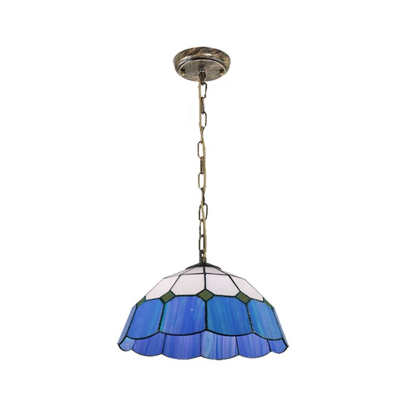 Domed plafondlicht Tiffany 1 kop geel/blauw handgemaakt kunstglas gesuspendeerd verlichtingsarmatuur, 12 "/16" breed