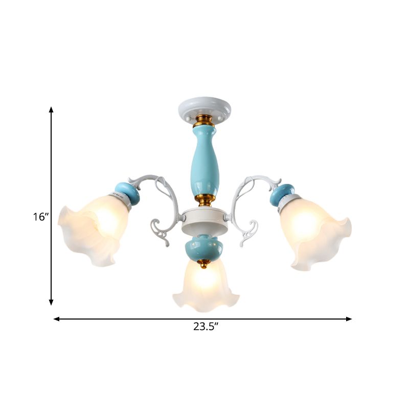Floral White Glass Semi-Flush Ceiling Light Traditional 3/5 Lights Bedroom Flush Mount Lamp in Light Blue