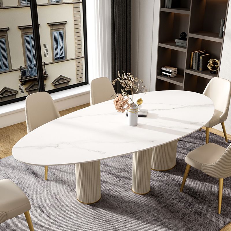Luxury Oval Dining Table Sintered Stone Top White Metal Base Table