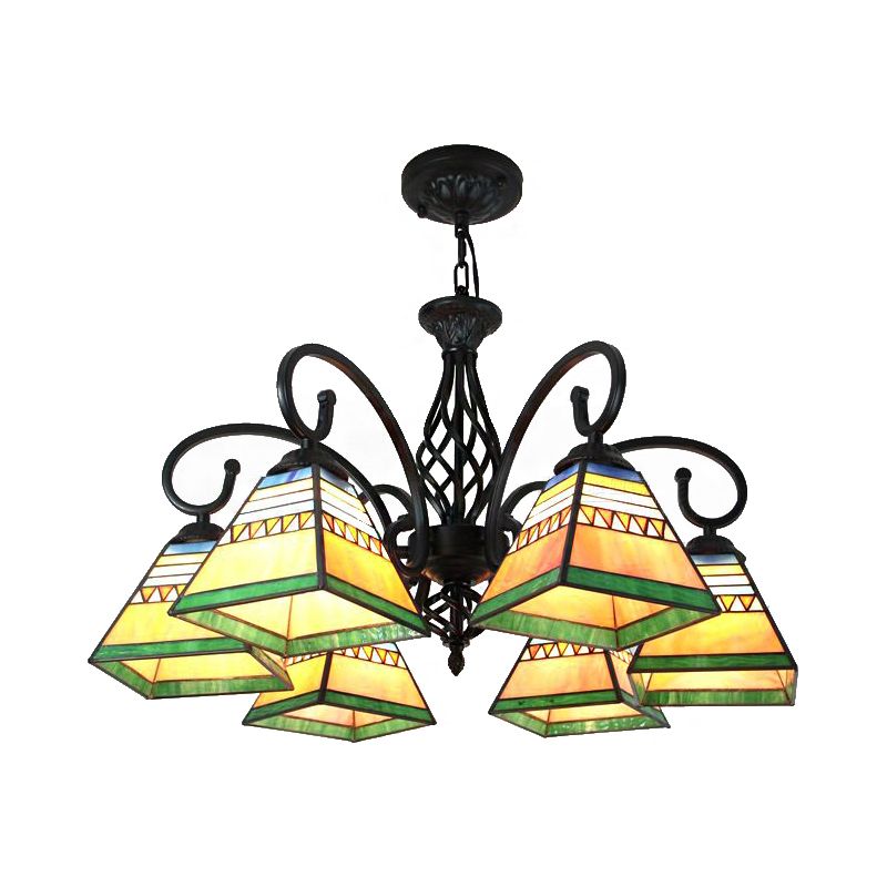Pyramid Pendant Lighting 6 Lights Mission Style Stained Glass Suspension Light for Living Room