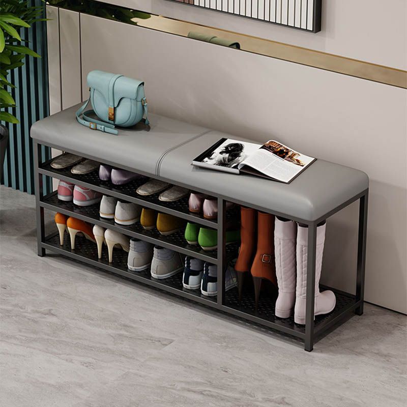 Rectangle Modern Entryway Bench Cushioned Metal Seating Bench with Shelves