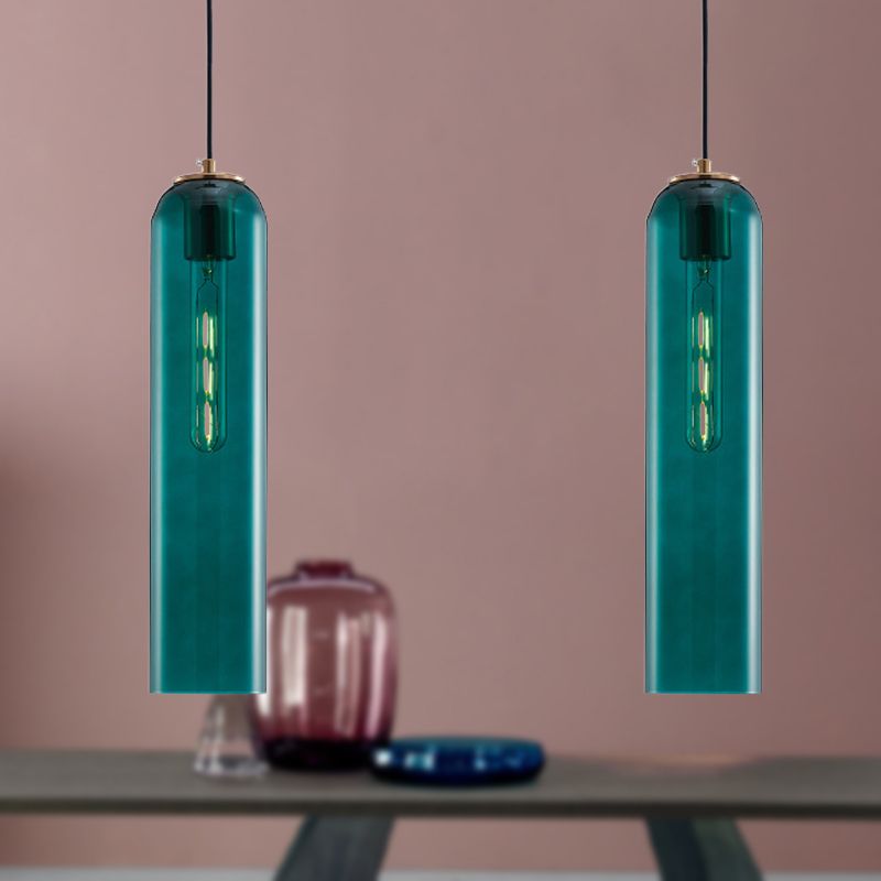 Green Glass Tubular Ceiling Pendant Light Nordic 1 Light Hanging Light for Bedroom