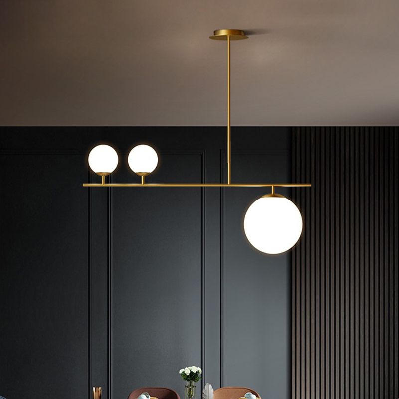 Brass Ball Pendant Light Minimalistic 3-Light Opal Glass Island Lighting for Dining Room