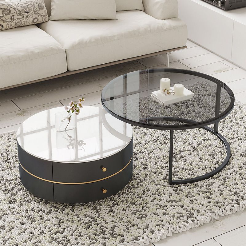 Frame Coffee Table Contemporary Stone/Glass Cocktail Table with Storage Drawers