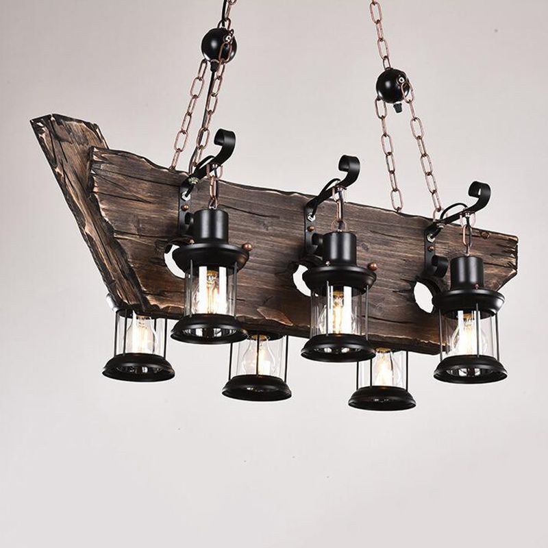 6-Lights Industrial Style Island Pendants Wood Pendant Lights for Dining Room