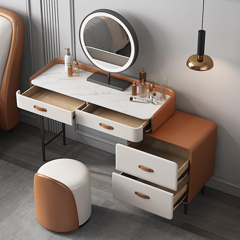Stone Top Make-up Vanity Orange Solid Wood Vanity Dressing Table Set