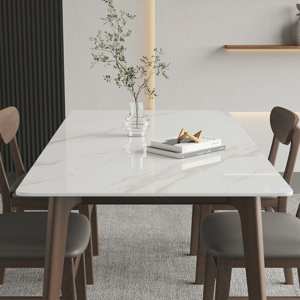 Rectangle Stone Dining Table Solid Wood 4 Legs Dining Table for Kitchen