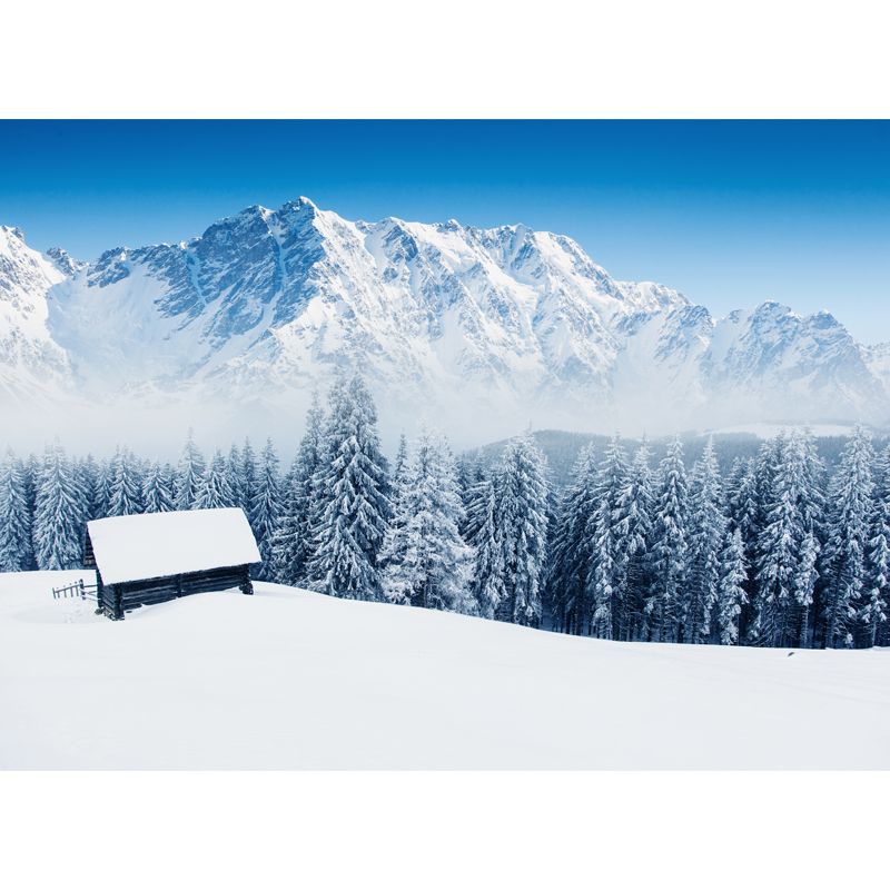 Lonely Forester Cabin Mural Wallpaper for Home Snowy Mountain Landscape Wall Covering, Custom Made