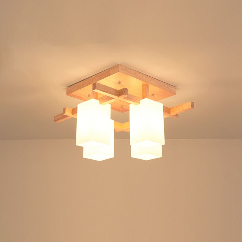 Square Semi Flush Light Modern Wood Living Room Flush Mount Ceiling Chandelier with Rectangle White Glass Shade