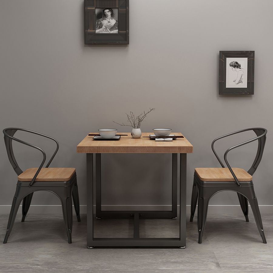 Industrial Solid Wood Dining Table Square Table in Brown with Metal Trestle Base
