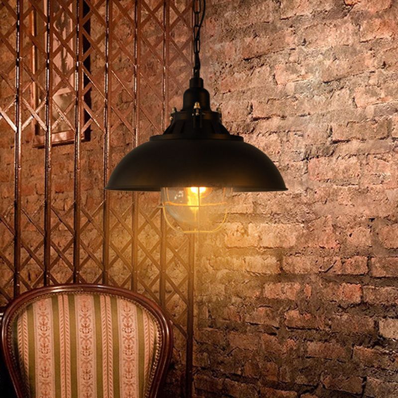 12"/16" W Bowl Metal Pendant Lighting Rustic 1-Light Bistro Hanging Lamp with Wire Cage and Clear Glass Shade in Black