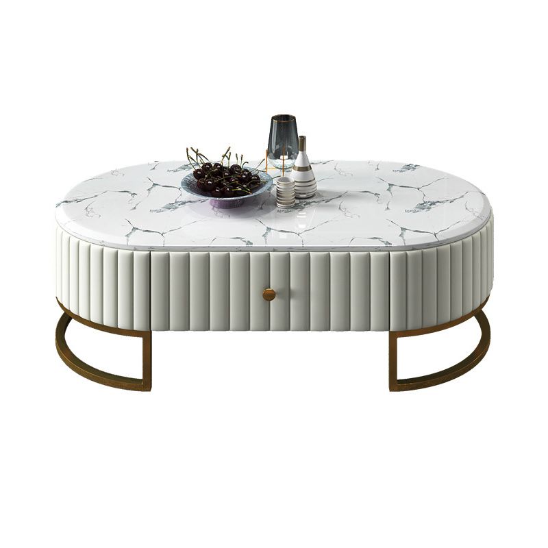 Glam Style Oval Coffee Table with 1 Drawer and Stone Top and Iron Base