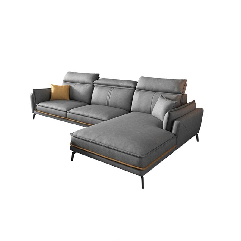 Modern Square Arm Cushion Back Sectional Faux Leather Sofa and Chaise in Dark Gray