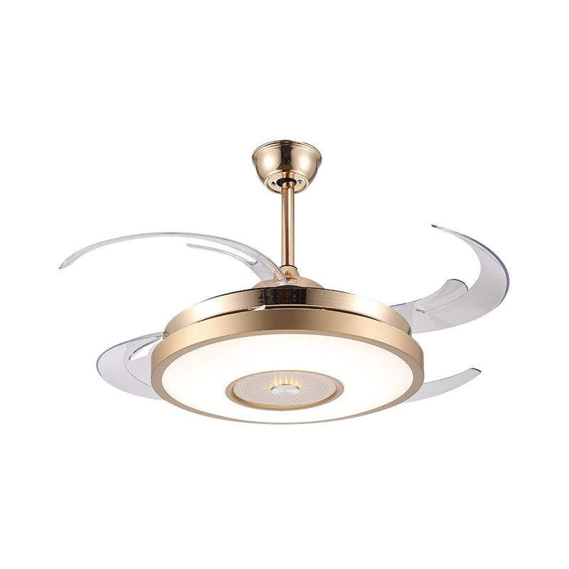 Gold tambor colgante de la lámpara de ventilador de ventilador de acrílico modernista 4 cuchillas LED Semi Flushmount, 48 "de ancho