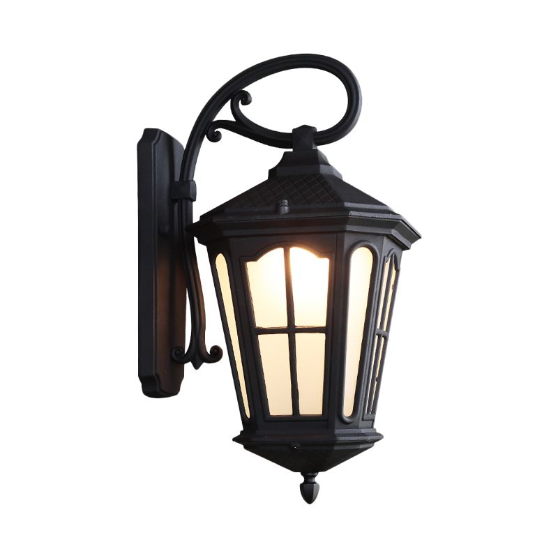 1-Light Wall Hanging Light Lodge Style Lantern White Glass Sconce in Textured Black/Coffee with Swooping Arm