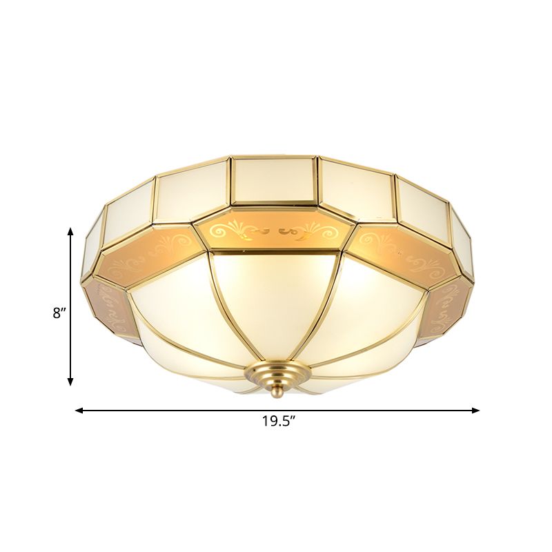 Bowl Milky Glass Ceiling Mounted Fixture Colonial 3/4 Bulbs Living Room Flush Mount Ceiling Lamp in Brass, 16"/19.5" W