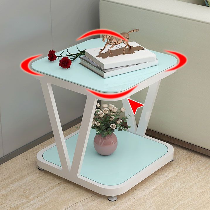 Square Glass Top Side Table 23.6" Tall Steel Trestle Base End Table with Shelf