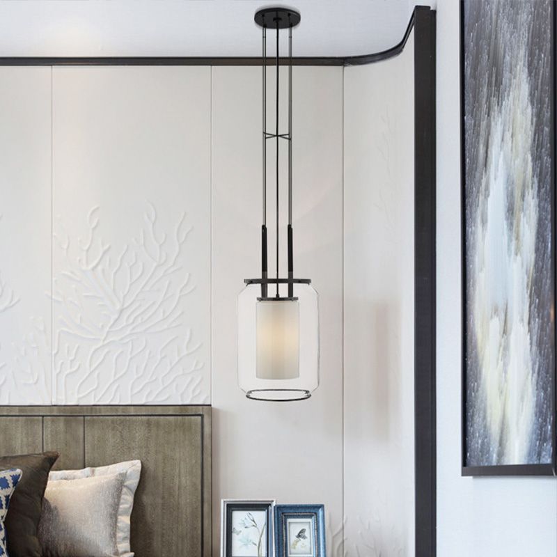 1 Glühbirnenschlafzimmer Hanging Anhänger moderne Schwarz -Down -Beleuchtung mit Zylinder klarer Glasschatten