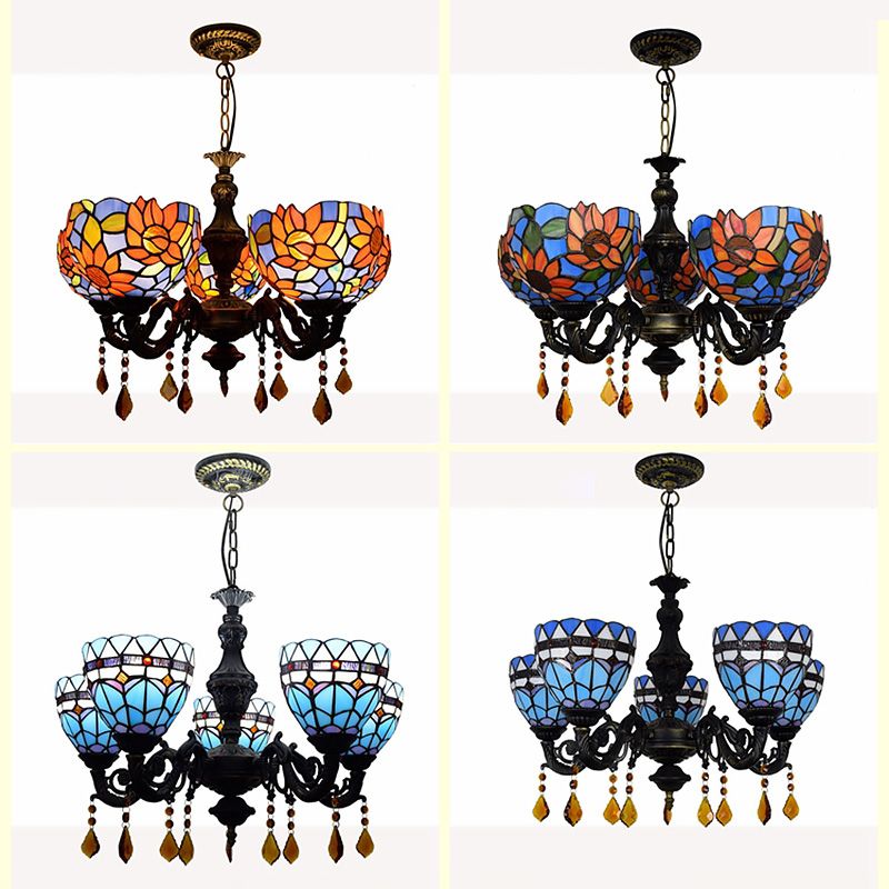 Lustre de style tiffany 5 lumières vitrail