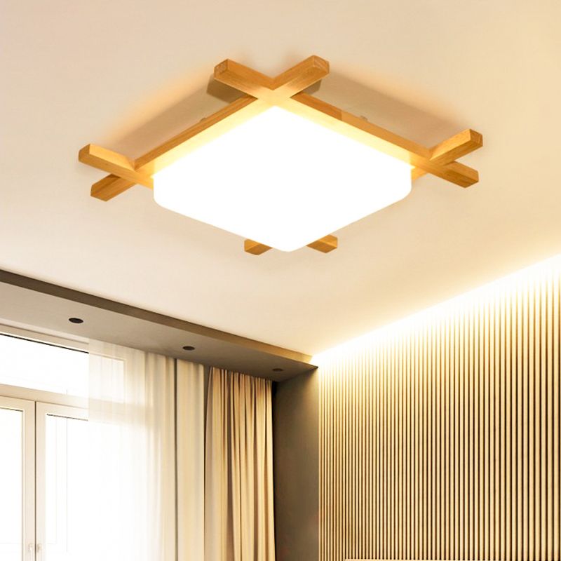 Minimalist LED Flush Ceiling Light Fixture Wood Square Flush Mount Light with Wood Shade