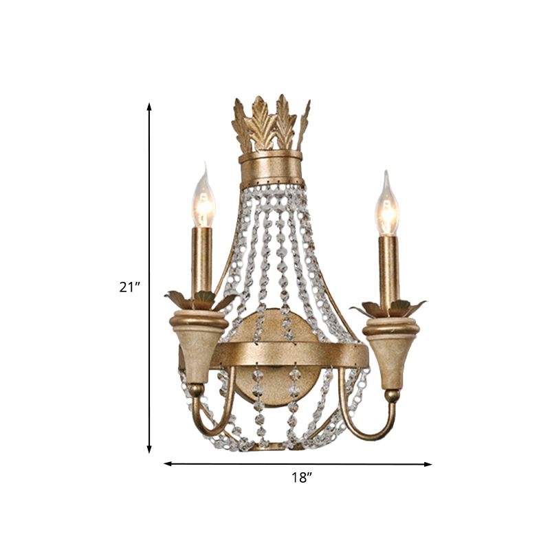 2 Bulbs Wall Sconce Lighting Farmhouse Crystal Strand Candelabra Wall Mounted Lamp in Gold