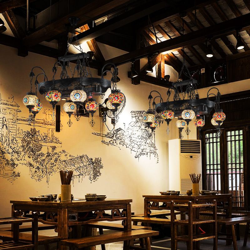 8 Heads Globe Hanging Lighting Bohemia Iron Stained Glass Chandelier Pendant Lamp for Restaurant