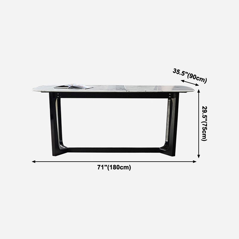 Mesa industrial rectangular con base de caballete, mesa fija en tono gris con piedra sinterizada