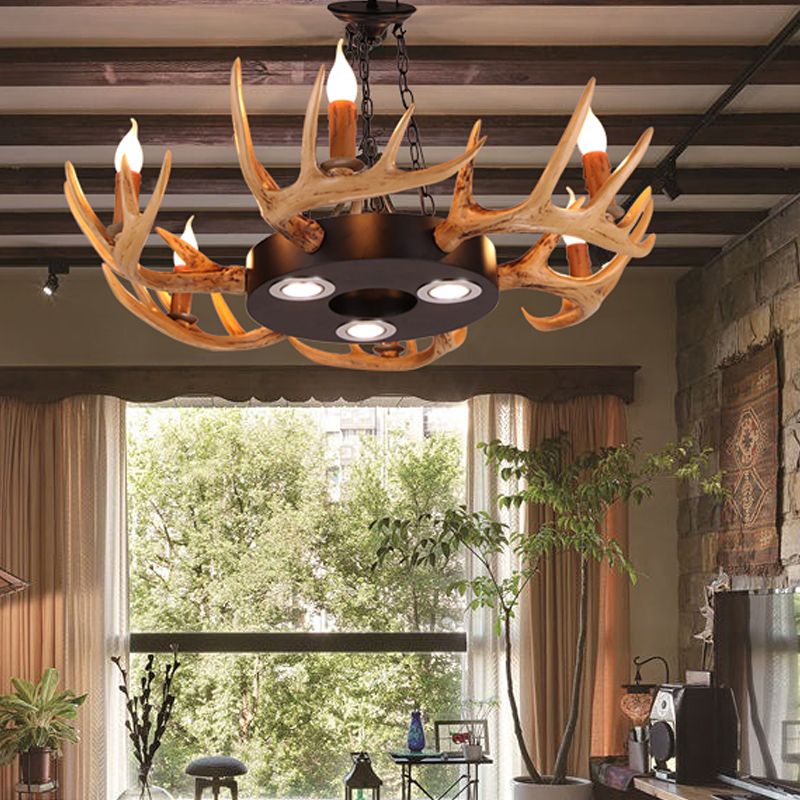 6 Lights Resin Chandelier Lamp Village Wood Candelabra Living Room Down Lighting Pendant