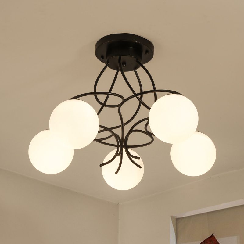 Iron Swirling Semi Flush Mount Modernism 5 Heads Black/White Finish Flush Ceiling Light with Globe Opal Glass Shade